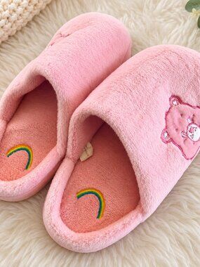 Care Bears Cheer Bear Pink Fuzzy Plush Slippers Women's Large